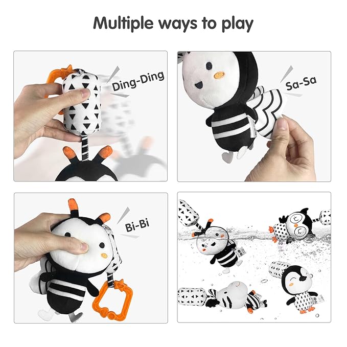 TUMAMA Black and White Baby Toys for 3 6 9 12 Months,Plush Hanging Rattles,Newborn Stroller Toys for Boys and Girls,4 Pack