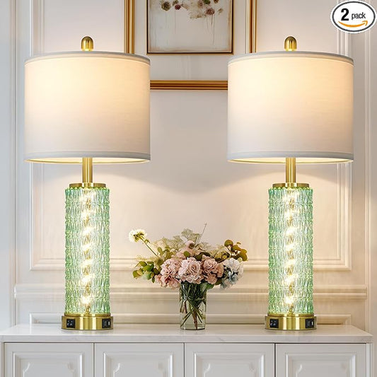 luxeflow 28" Green Glass Table Lamps Set of 2, Green Modern Bedside Lamp with LED Night Light, USB A+C, Glass Lamps for Living Room, Bedroom, Nightstand, Office, End Table (2 Bulbs Included)