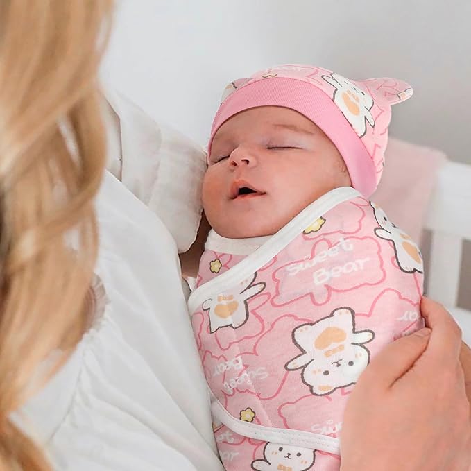 DRESHOW BQUBO 3 Pack Baby Swaddle Sleep Sacks Baby Swaddling Blanket Wrap Newborn Swaddle Sack with Bear Ears Hat for Boys Girls 6-12 Lbs Newborns & 0-3 Months Girls Boys