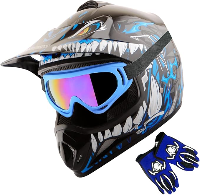 WOW Youth Kids Motocross BMX MX ATV Dirt Bike Dianosour Helmet Dragon + Goggles + Martian Youth Glove Bundle: HJOY MG Bundle