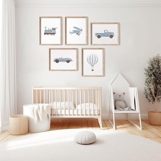 Blue Car Wall Art Decor Boys Room Canvas Poster Vintage Train Transportation Wall Art Watercolor Toddler Art Prints Blue Car Pictures Painting for Boy Bedroom Kids Nursery 12x16 Inch Unframed Set of 5
