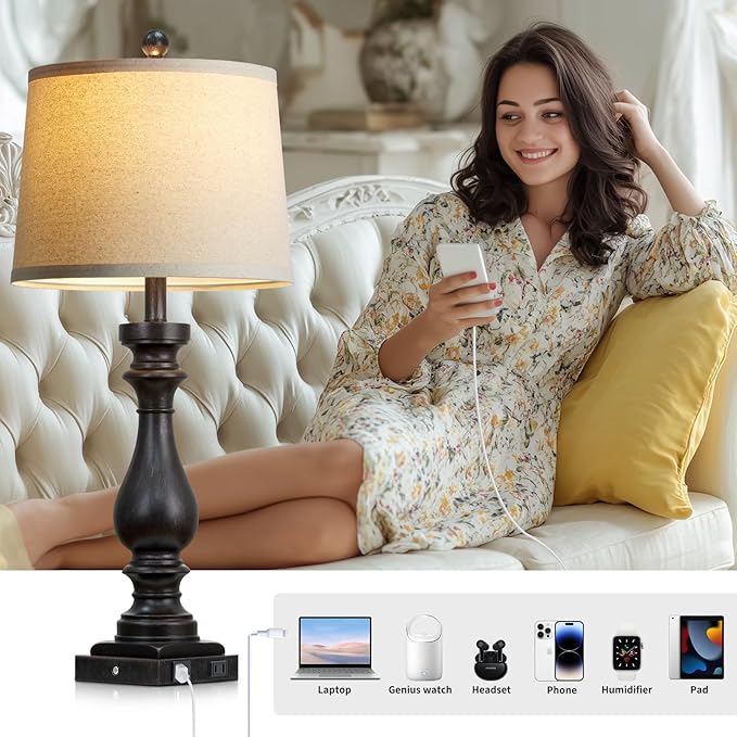 luxeflow 29" Tall Vintage Table Lamps Set of 2,Black Farmhouse Bedside Lamps with USB C+A Ports & AC Outlet,3-Way Dimmable Touch Lamp for Night Stands Living Room Bedroom,Black