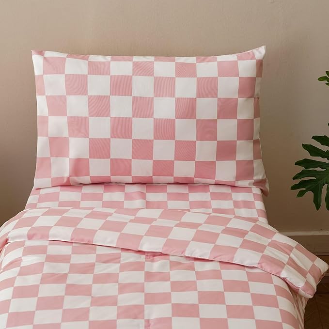 CLOTHKNOW Plaid Toddler Bedding Sets for Grils, 4 Pieces Pink White Grid Checkerboard Pattern, Soft Crib Bed Set Including Comforter, Flat Sheet, Fitted Sheet and Pillowcase, Pink White