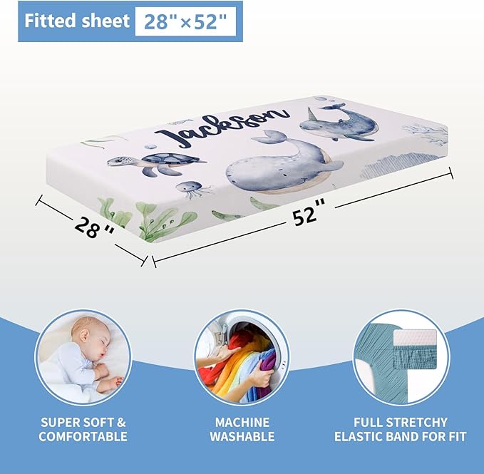 Personalized Baby Crib Bedding Set, 5 Pcs Custom Name Bedding Set, Double Layer Nursery Set, Ocean Animal Crib Set for Girls & Boys, Gift for Toddler & Infant