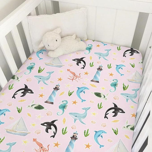 Colorful Sea Animals Baby Crib Sheet 52''x28'' Ocean Whale Dolphin Turtle Shells Coral Lighthouse Ship Stretchy Fitted Crib Mattress Cover for Boy Girl Baby Sheets for Standard Crib Toddler Mattress