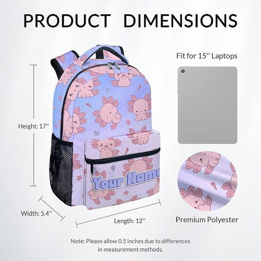 COZYAURA Personalized Girls Backpack - 17 Inch Large Capacity Axolotl Bookbag - Lightweight Kids' Backpacks for Elementary, Preschool & Travel