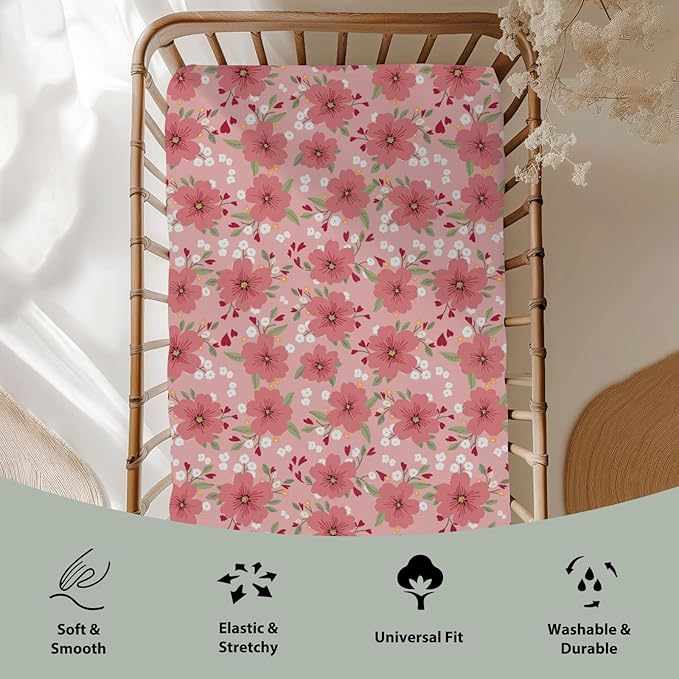 Love Blooms Rose Baby Crib Sheets for Boy Girl 52"x28" Boho Floral Hearts Soft Stretchy Fitted Crib Mattress Cover Spring Summer Blossom Baby Sheet for Standard Crib and Toddler Bed Mattress