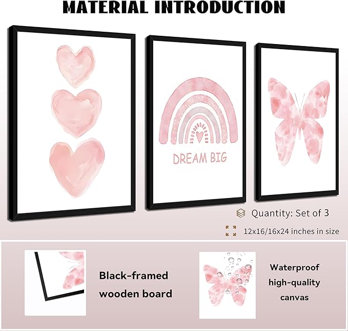 Pink Girls Nursery Wall Art Set of 3, Girl Toddler Room Wall Decor Paintings, Kids Rainbow Butterfly Love Prints Pictures for Baby Room Bedroom Decor 16x24 Inch Wood Framed
