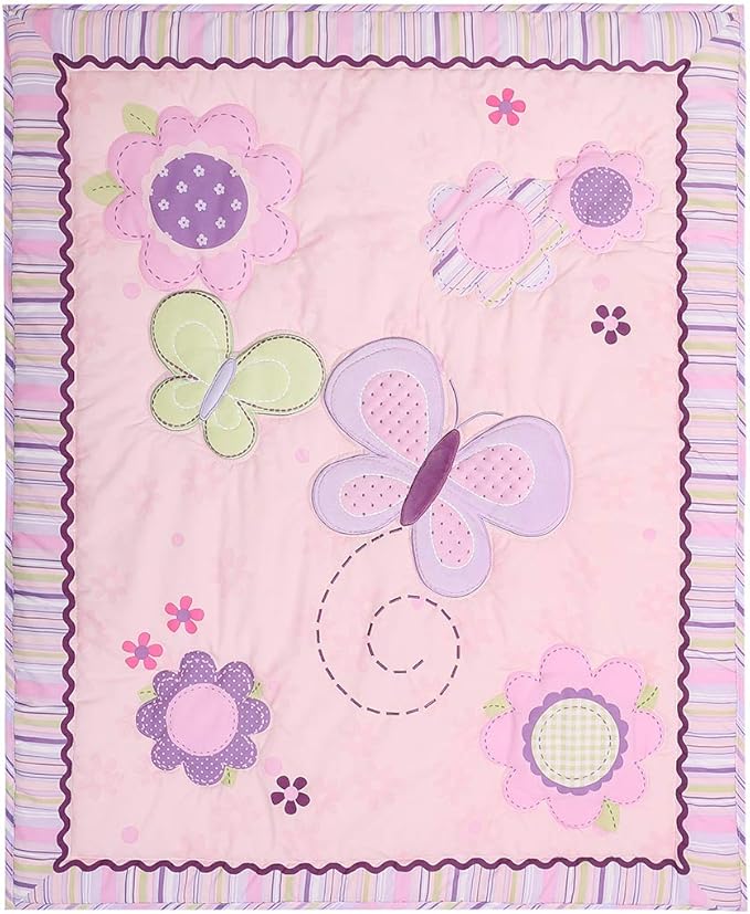 Butterfly Nursery Crib Beding Set for Girls Pink Purple -6 PCs Embroidery Flower Butterfly Baby Girl Bedding Set - Quilt/Fitted Sheet x 2/ Skirt/Diaper Stacker/Blanket 28'' x 52 ''