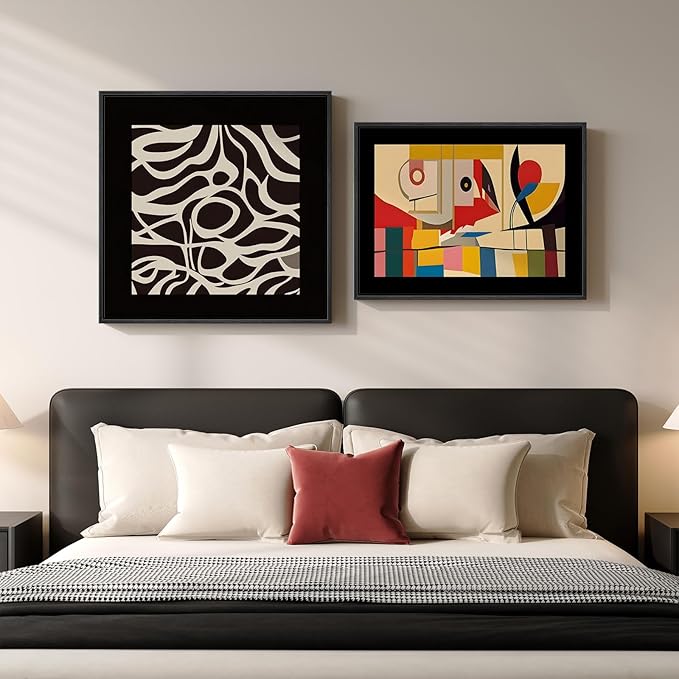 Framed Black Colorful Abstract Bedroom Wall Art, Set of 2 Mid Century Modern Geometric Line Artwork for Walls, Contemporary Canvas Prints for Living Room Hallway Office Wall Decor, 24x24 & 24x18 Inch