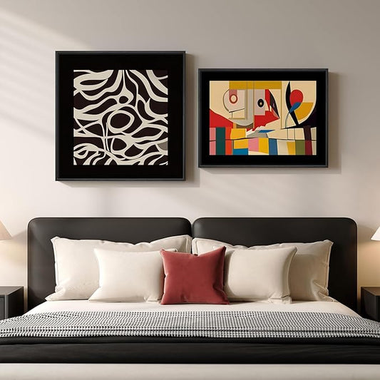 Framed Black Colorful Abstract Bedroom Wall Art, Set of 2 Mid Century Modern Geometric Line Artwork for Walls, Contemporary Canvas Prints for Living Room Hallway Office Wall Decor, 24x24 & 24x18 Inch
