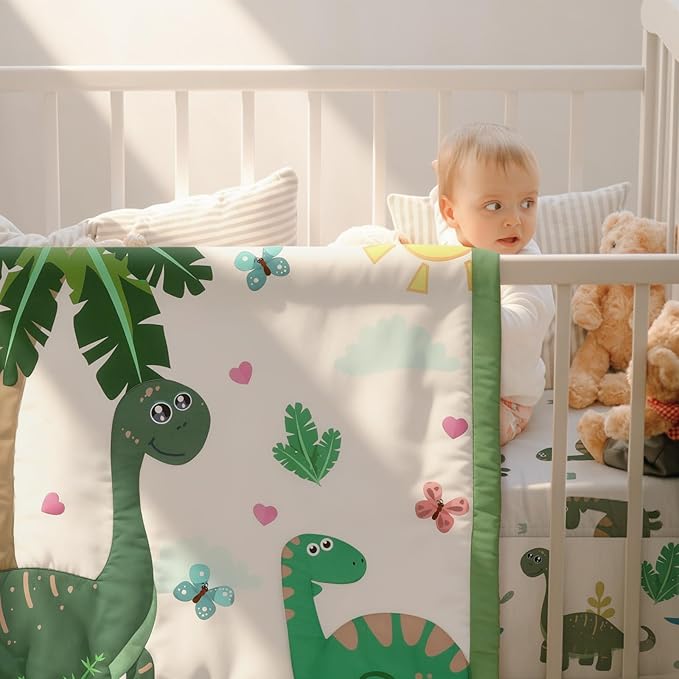 Oudain 4 Piece Dinosaurs Crib Bedding Set Including Green Blue Dinosaurs Crib Skirt, Blanket, Sheet and Diaper Stacker, Soft Nursery Standard Size Baby Bedding for Baby Girls and Boys