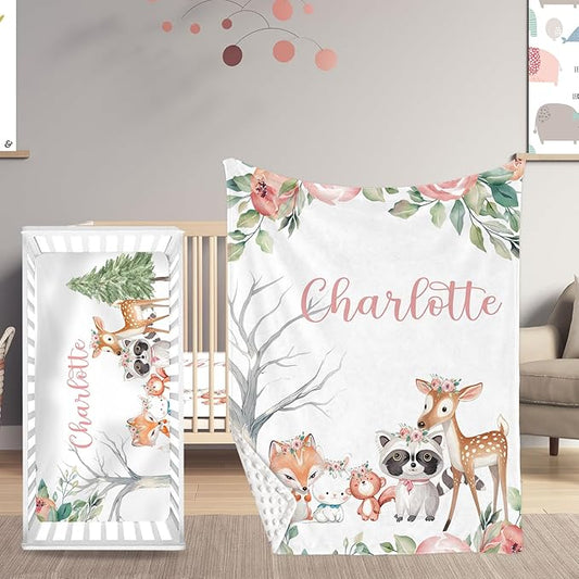 Animal Family Theme Personalized Crib Bedding Set - 2 Piece Custom Name Crib Set with Blanket and Crib Sheet for Infant, Crib Set for Newborns Infant, Comfort and Cozy