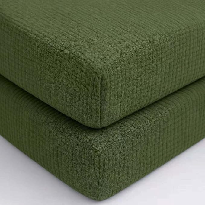 2 Pack Olive Green Muslin Crib Sheets for Boys & Girl- Neutral Breathable Cotton Crib Mattress Sheets Fitted for Standard 28"x 52"- Nursery Décor No Slip Crib Bed Sheets