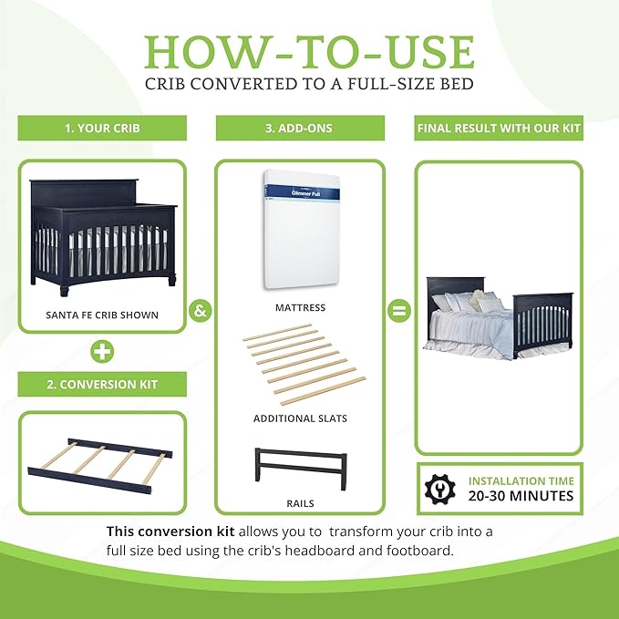 Full-Size Conversion Kit Bed Rails for Evolur Cribs - Solid Wood Crib Convertible Kit to Kids Bed - Transitional Style Rails & Easy-to-Install Child Essentials for Safety (Distressed Navy)