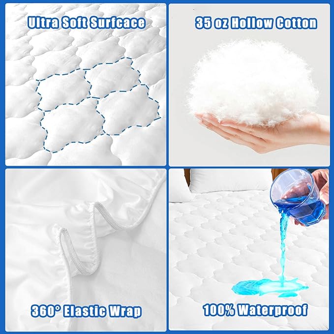 Waterproof Mattress Protector Full Size, 6''-21'' Deep Pocket Fitted Quilted Mattress Pad Cover, Breathable, Hollow Cotton Alternative Filling Mattress Pad Cover, Full Size