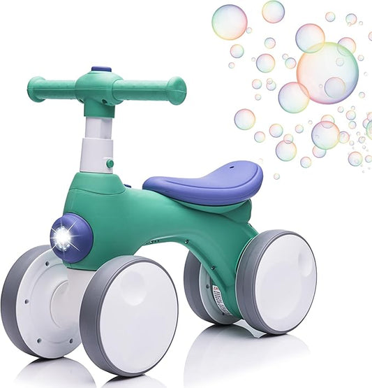 Baby Balance Bike 1 Year Old with Music, Lights, Bubble Machine, 4 Wheels Pedal-Less Toddler Ride on Toys for 12-36 Months Birthday Gift, Toddler boy Toys Ride on car （Dark Green&Blue）