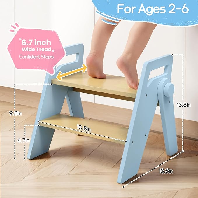 HOMEKOL Toddler Kids Step Stool: Wooden 2 Step Stool for Bathroom Sink, Foldable, Blue