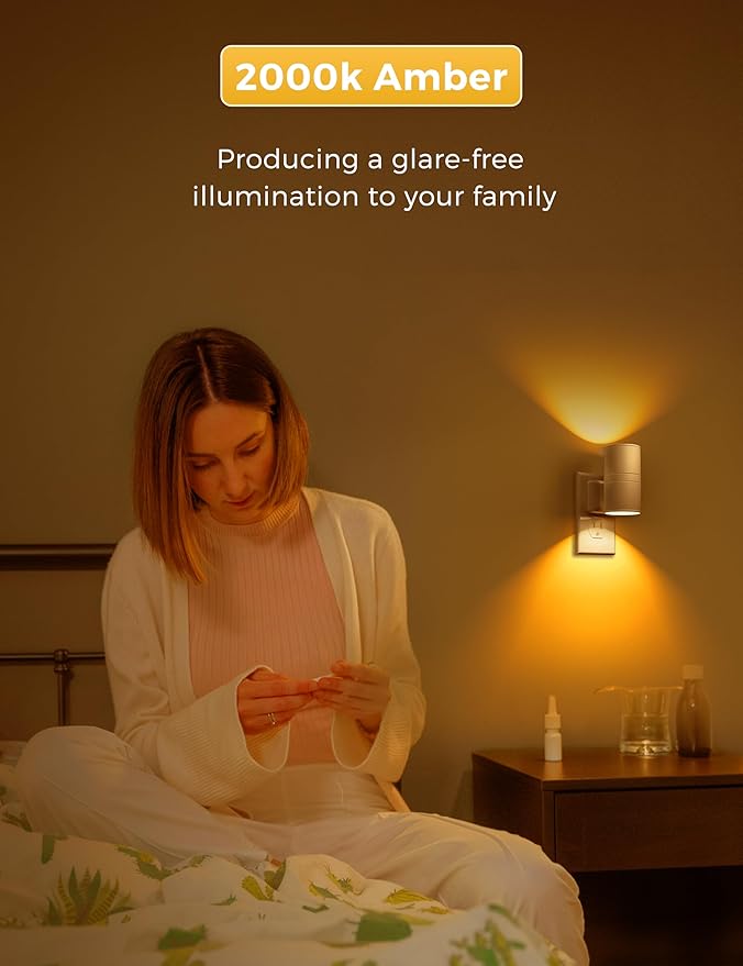 L LOHAS LED Night Light, Amber Nightlight, Dimmable Night Light 100LM, Light Sensor, Yellow Nightlight, Sleep Light for Kids, Soft & Warm Light for Bedroom, Hallway, Bathroom, 2 Pack