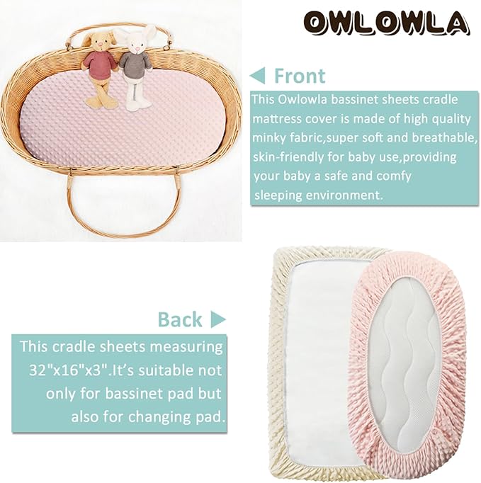 Owlowla Bassinet Sheet Set,Ultra Soft Minky Cradle Sheets Universal Fitted Bassinet Pad/Mattress for Baby Boys Girls(Cream/Pink)