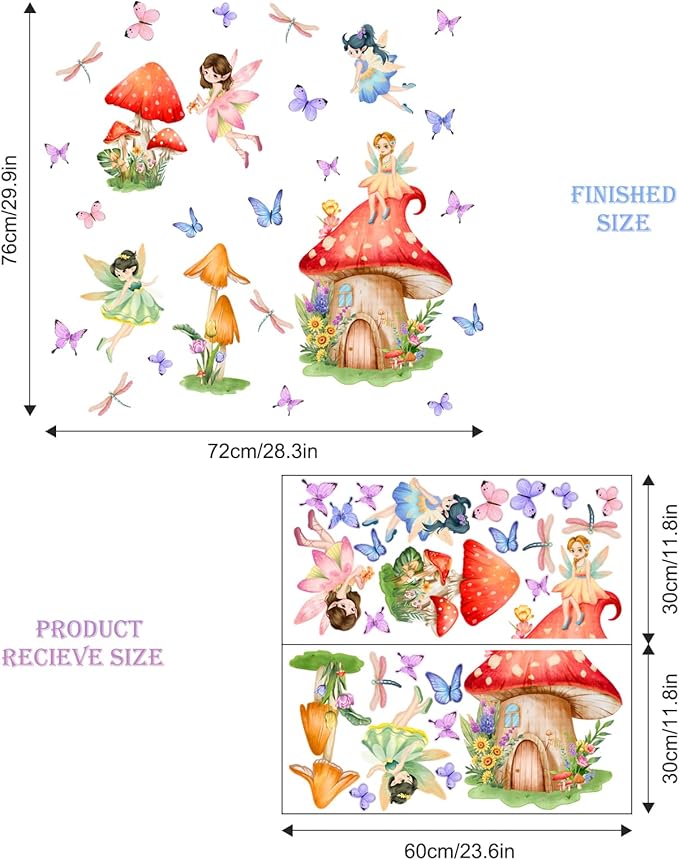 Supzone Mushroom Fairy Wall Decals for Girls Elf Flower Butterfly Dragonfly Wall Stickers Peel and Stick Vinyl Wall Art Decor for Kids Baby Nursery Bedroom Living Room