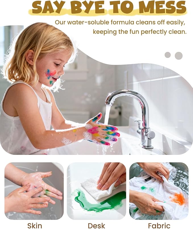 JUPITEARTH 6 Colors Washable Tempera Paint for Kids, 4.06oz(120ml) Non Toxic Finger Paint for Toddlers, Set Included Brush, Cups, Art Smock
