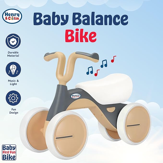 Henry & Colin Baby Balance Bike for Kids - No Pedal 4-Wheel First Bike, Toddler Walker for Boys & Girls, with Stylish Handle, Sturdy & Safe Design for 1-3 Year Olds