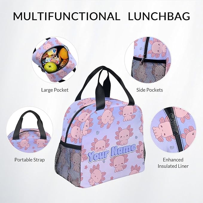 COZYAURA Personalized Backpacks for Girls - 3Pcs Cute Bookbag for Kids - Axolotl School Bag for Girls - Kids Backpacks with Lunch Box Pencil Case Set
