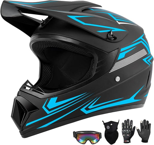 Adult Dirt Bike Motocross Helmets (Goggles Gloves Face Mask) 4PCS Set, Men Women Full Face Motorcycle Helmet Mountain Bike Off Road Helmets, DOT Approved ATV Helmet