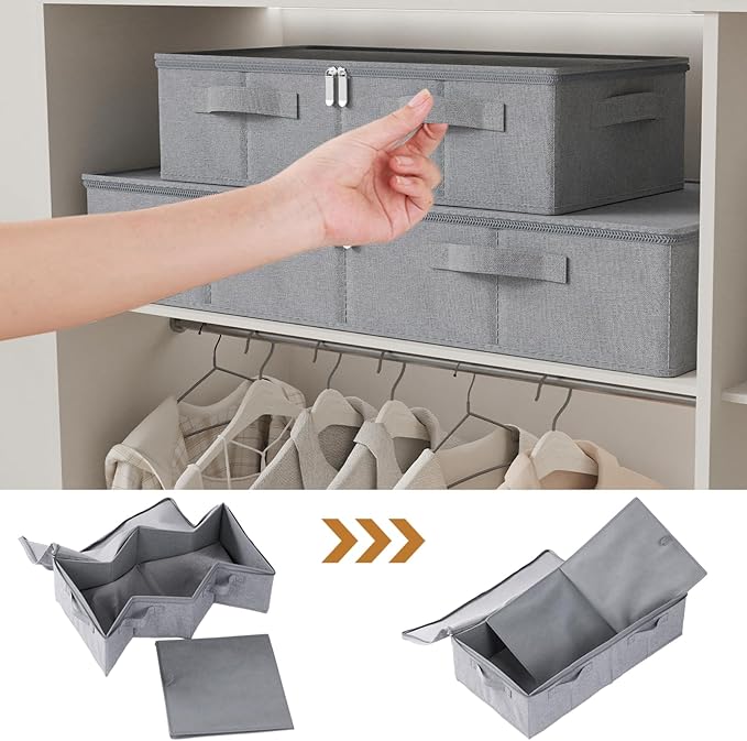 ENUMAIL Underbed Storage Box, Foldable Bed Sheet Organizer, Cube Bags Container with Lid for Organizing Clothes, Blankets, Comforter, 23.6x11.8x5.9in, Grey, 2 Pack