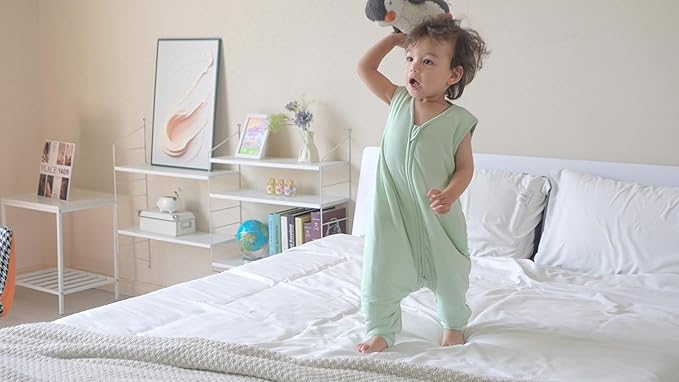 Baby/Toddler Sleep Sack with Legs, Rayon from Bamboo 95% + 5% Spandex, 1.0 TOG, 2‑Way Zipper Sleeping Bag, Walker‑Friendly 12-18M Green