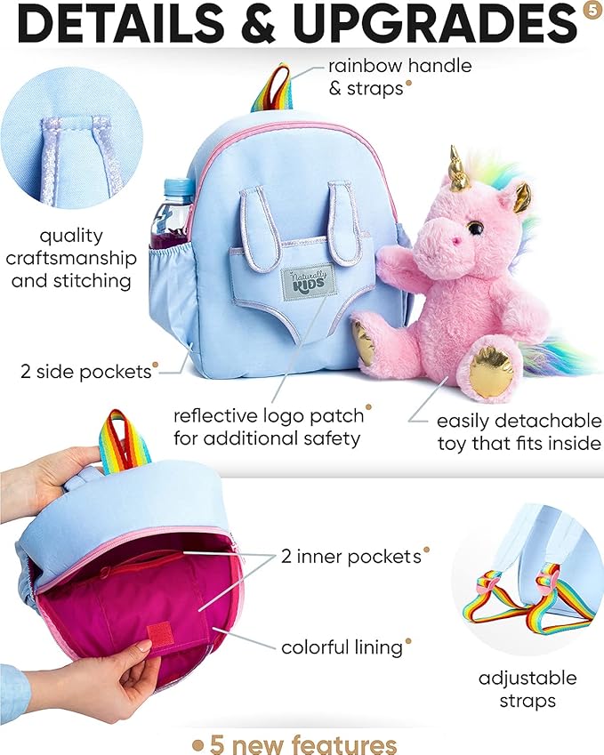 Naturally KIDS 【Upgraded】 Medium Backpack w Removable Pink Unicorn Toy for Girls Age 4-7 | Side & Inner Pockets, Reflective Logo, Name Tag | Unicorn Gifts for 5 Year Old Girls – Medium size