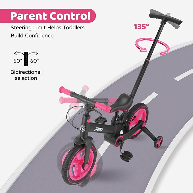 JMMD 6 in 1 Toddler Bike with Push Handle for Kids 18-60 Months, 12" Foldable Balance Bike with Training Wheels, Pedals, Brakes, Kickstand, Push Tricycle Toddler Gift & Toys for Boy & Girl
