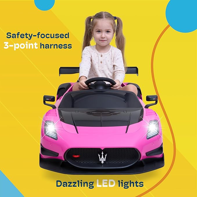 Kidzone 12V Ride On Car for Kids,Licensed Maserati GT2 Electric Battery Powered Sports Car Toy w/Remote Control & Manual Drive, LED Lights, Bluetooth & USB & AUX Port - White