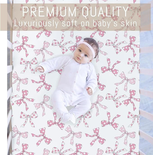 Pink Dot Bows Baby Crib Sheets for Girls Sweet Girly Bows Soft Stretchy Fitted Crib Mattress Covers for 52''x28'' Standard Crib & Toddler Bed Mattress Cute Pastel Ribbon Valentine Baby Sheets