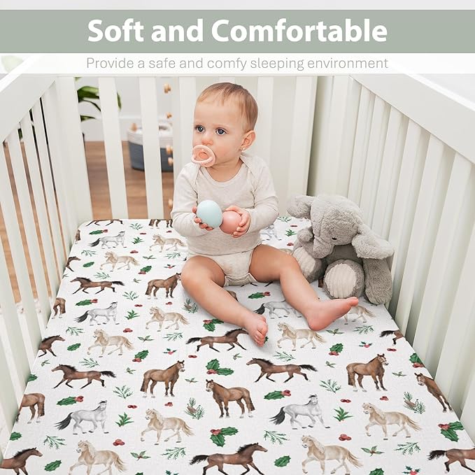 Christmas Horses Baby Crib Sheets for Boy Girl 52"x28" Holiday Animals Cherry Fir Leaves Soft Snug Fitted Crib Mattress Cover Winter Farm Animal Baby Sheet for Standard Crib & Toddler Bed Mattress