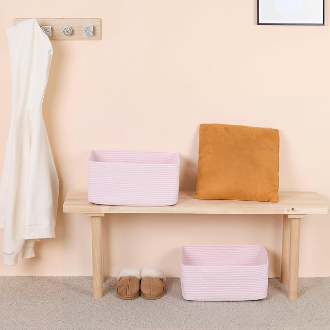 MiniArk Large Storage Baskets for Shelves, Closet Organizers Bins for Clothes Blanket Towels, Baby Nursery, Toy Baskets Box, Woven Rope Baskets, 17 x 13 x 7.5”, 2 Packs Light Pink