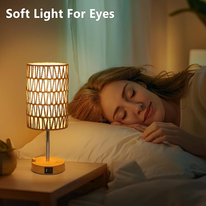 Eayaya Boho Table Lamp for Bedroom with Bulb, Small Touch Control Table Lamp for Living Room with Rattan & Linen Shade, 3 Way Dimmable Bedside Lamp for Nightstand with USB Charging Port & Phone Stand