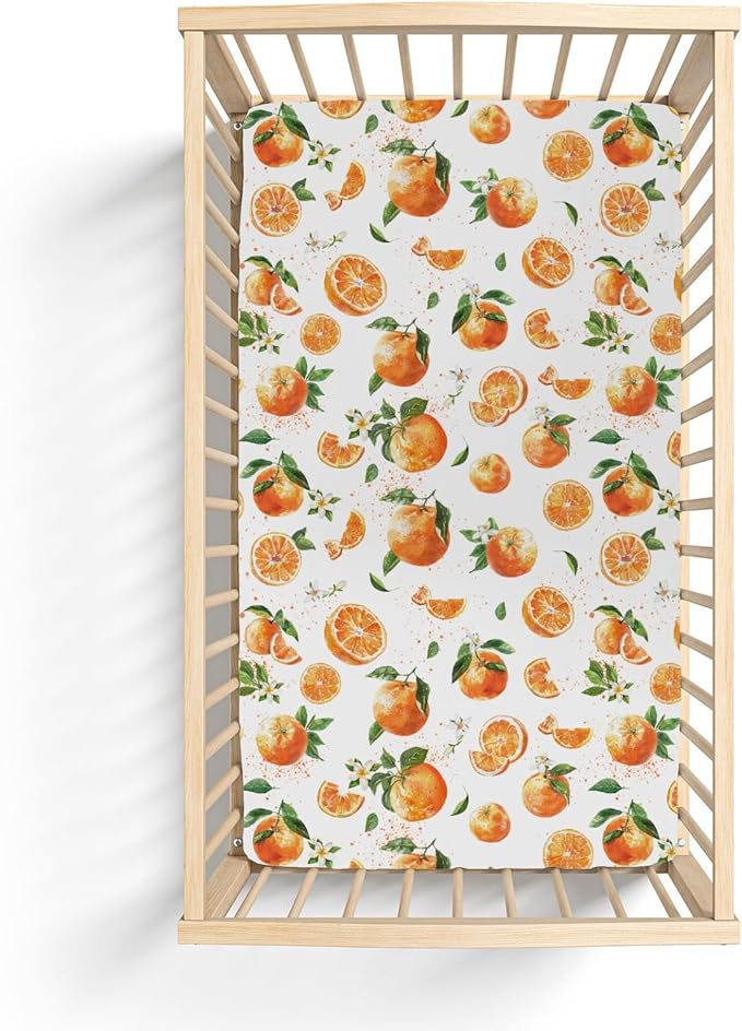 Watercolor Oranges Baby Crib Sheets for Boy Girl 52x28Inch Orange Branches Flowers Leaves Soft Snug Fitted Crib Mattress Cover Summer Citrus Fruit Baby Sheet for Standard Crib & Toddler Bed Mattress