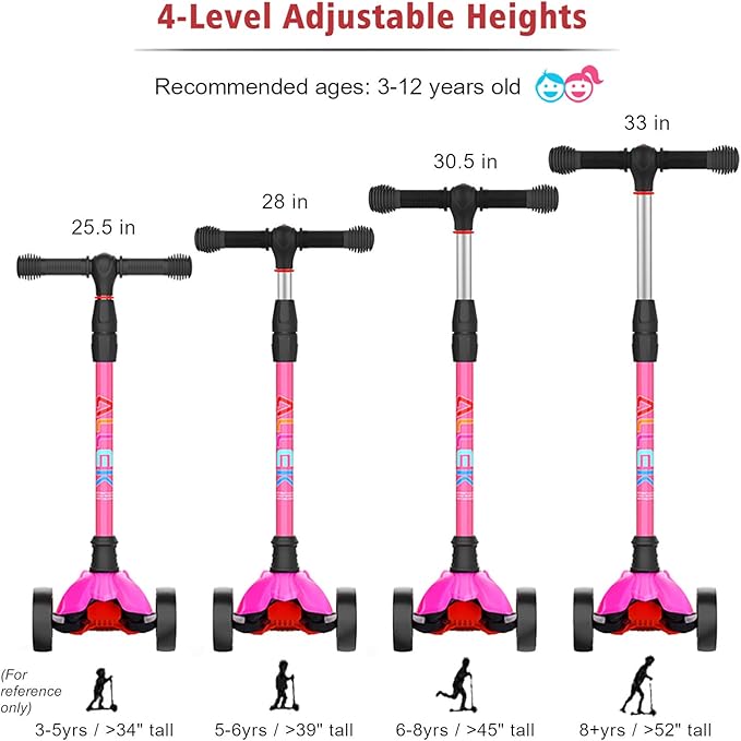 Allek Kick Scooter B02, Lean 'N Glide Scooter with Extra Wide PU Light-Up Wheels and 4 Adjustable Heights for Children from 3-12yrs (Rose Pink)