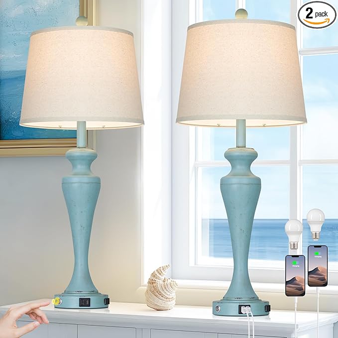 luxeflow 30" Blue Table Lamps Set of 2, Touch Control Coastal Living Room Lamp with USB A+C Ports and AC Outlet, 3-Way Bedside Lamps for Nightstand, Vintage Farmhouse Bedroom Lamp, 2 Bulbs Included