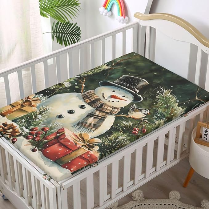 Christmas Theme Fitted Crib Sheet,Woods Snowman and Bird Print Pattern,Standard Crib Mattress Fitted Sheet Ultra Soft Material - Great for Boy or Girl Room or Nursery,28“ x52“,Green