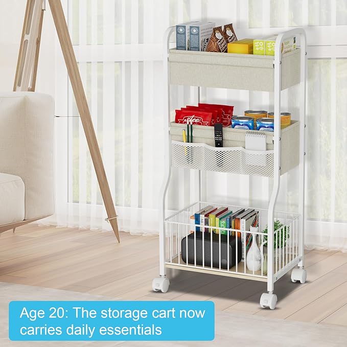 NEYCIL 3-tier Baby Diaper Caddy Organizer and Storage Cart with 4+3 Dividers, Metal Utility Cart with Lockable Wheels for Nursery, Bedroom, Bathroom, White