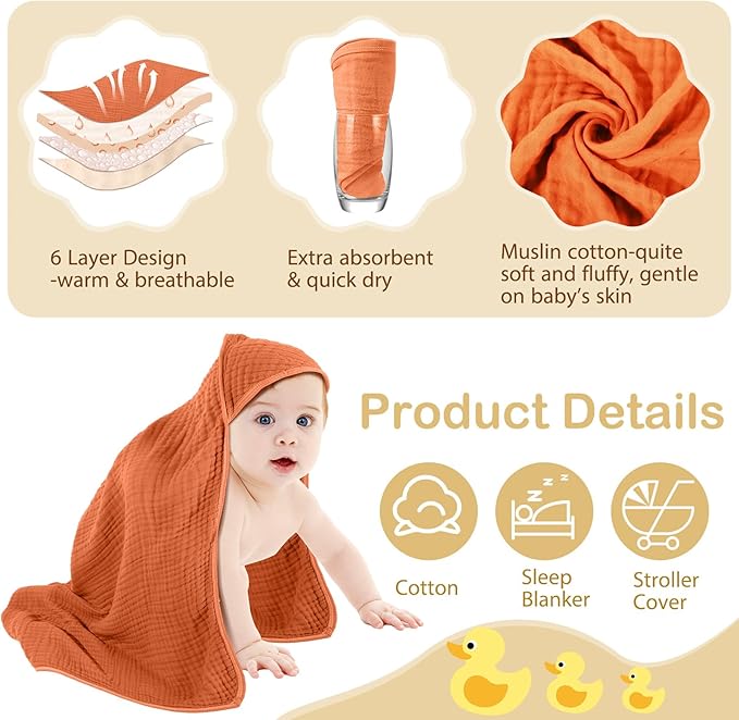 Peryiter 6 Pcs Muslin Hooded Baby Towels, 32x 32'' Cotton Newborn Bath Towel Muslin Infant Baby Blankets Absorbent Unisex Christmas Registry Gift Essentials for Girls Boys (Yellow,Blue,Green,Orange)