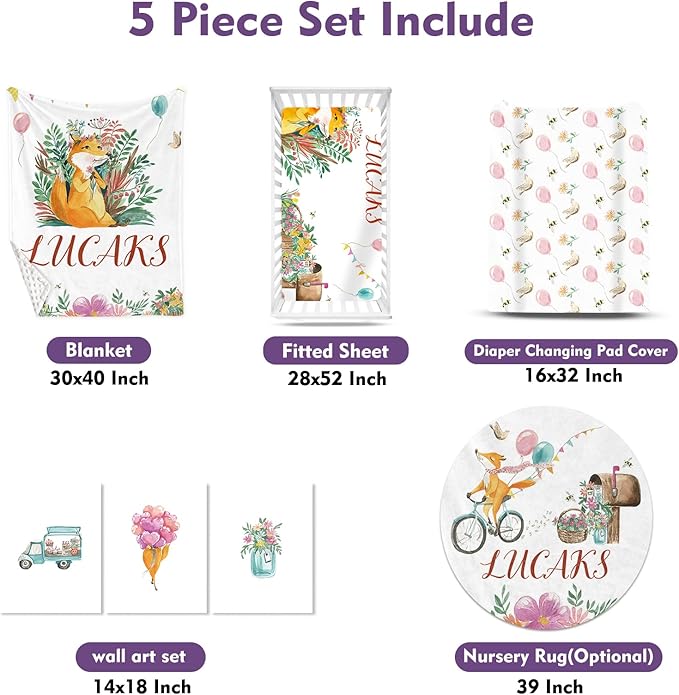 Custom Name Crib Bedding Set, Personalized Fox Baby Bedding 5-Piece Set with Soft Blanket Fitted Sheet Changing Pad Cover Rug and Wall Art, Cute Forest Animal Nursery Decor for Newborn Boys Girls