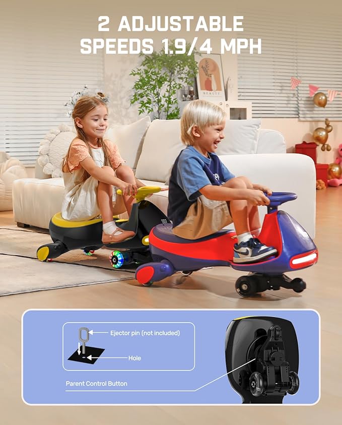 FanttikRide N7 Pro Electric Wiggle Car with Pedal, Rechargeable Battery, CyberWiggle, 2 in 1 Swing Car, 2 Speeds Max 4 Mph, Anti-Rollover, Flashing Wheels, Bluetooth, for Ages 3 and Up, 150 Lbs,Yellow