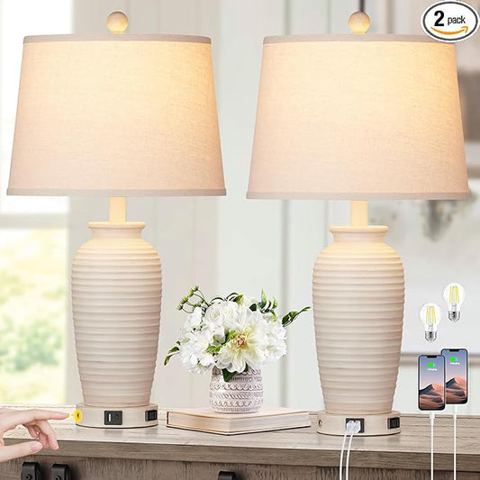 CINSARY 24.3" Farmhouse Jar Table Lamps Set of 2, 3 Way Touch Control Rustic Bedside Lamps with USB A+C Ports & AC Outlet, Pot Nightstand Lamps for Bedroom Living Room (LED Bulbs Included)