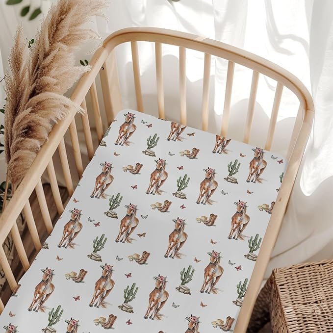 Cactus Horse Cowboy Baby Crib Sheets for Boy Girl 52x28Inch Cowboy Boots Hat Butterflies Soft Snug Fitted Crib Mattress Covers Western Horses Baby Sheet for Standard Crib & Toddler Bed Mattress