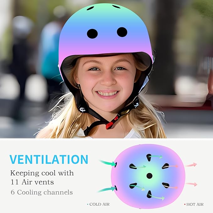 Adjustable Gradient Color Kids/Toddler Bike Helmet for 1-2-3-5-8-14 Years Boys Girls,Skateboard Helmet with Knee and Elbow Pads Wrist Guard Roller Skates,Cycling,Skating Scooter Longboard