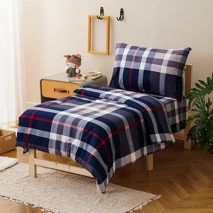 CLOTHKNOW Blue Plaid Toddler Bedding Sets for Boys, 4 Pieces Tartan Check Pattern, Soft Crib Bed Set Including Comforter, Flat Sheet, Fitted Sheet and Pillowcase, Yellow